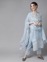 Women's Blue Silver Pure Silk Striped Kurta Set with Gotta Patti Detail
