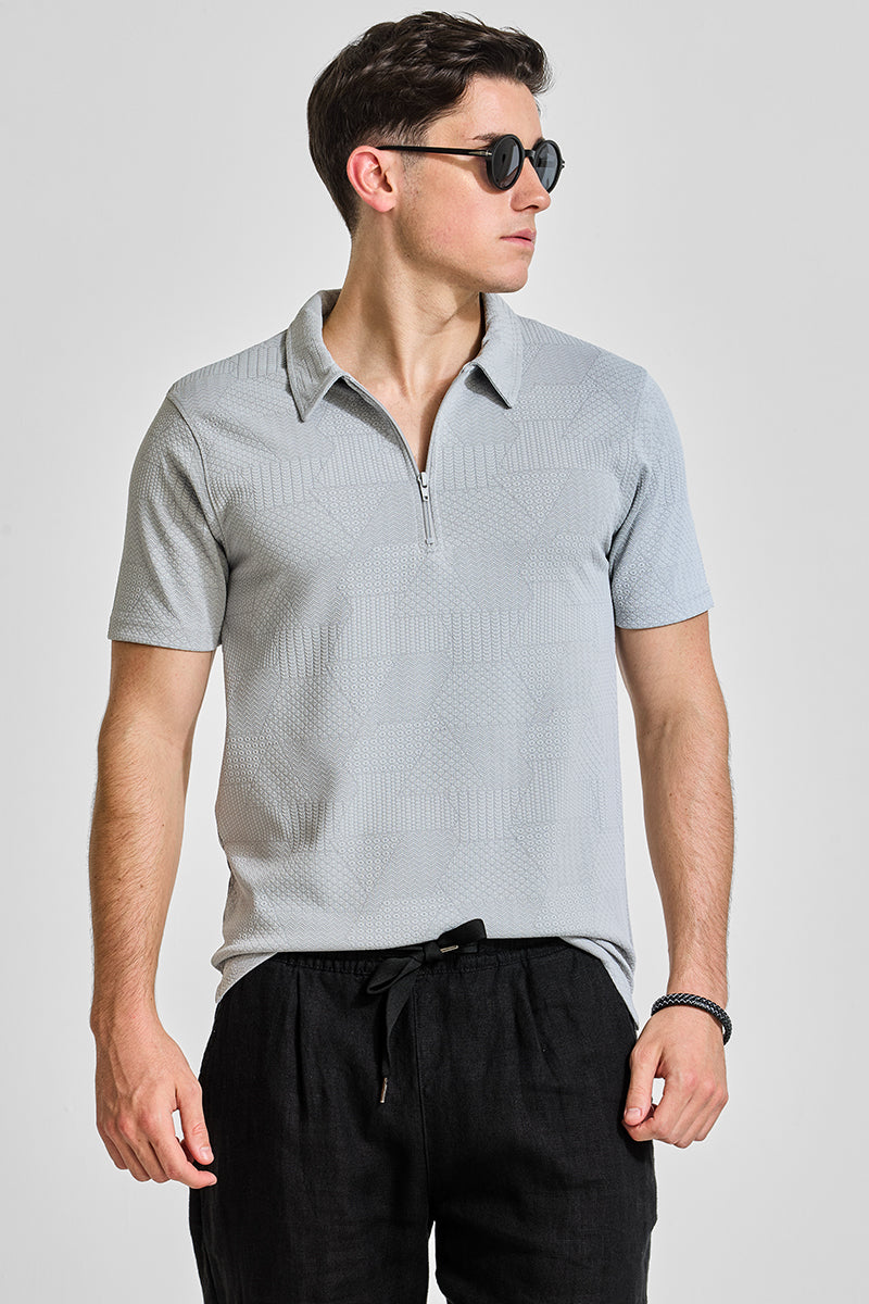 Men's Grey Casual Slim Fit Printed Half Sleeves Polo Tshirt
