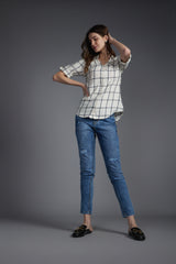 Women's White Casual Regular Fit Checked Full Sleeves Shirt