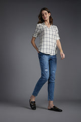 Women's White Casual Regular Fit Checked Full Sleeves Shirt