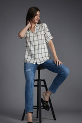 Women's White Casual Regular Fit Checked Full Sleeves Shirt