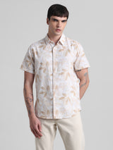 Men's White Casual Half Sleeves Leaf Printed Shirt