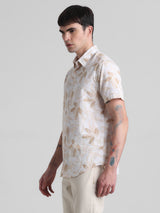 Men's White Casual Half Sleeves Leaf Printed Shirt