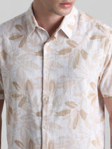 Men's White Casual Half Sleeves Leaf Printed Shirt