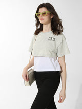Women's Gray Knitted Casual Solid Cropped Half Sleeves Tshirt
