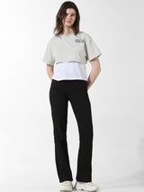 Women's Gray Knitted Casual Solid Cropped Half Sleeves Tshirt