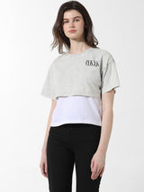 Women's Gray Knitted Casual Solid Cropped Half Sleeves Tshirt