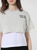 Women's Gray Knitted Casual Solid Cropped Half Sleeves Tshirt