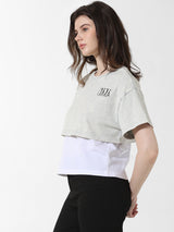 Women's Gray Knitted Casual Solid Cropped Half Sleeves Tshirt