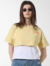 Women's Yellow Knitted Casual Solid Cropped Half Sleeves Tshirt