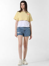 Women's Yellow Knitted Casual Solid Cropped Half Sleeves Tshirt