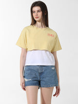 Women's Yellow Knitted Casual Solid Cropped Half Sleeves Tshirt