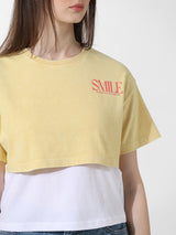 Women's Yellow Knitted Casual Solid Cropped Half Sleeves Tshirt