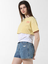 Women's Yellow Knitted Casual Solid Cropped Half Sleeves Tshirt