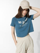 Women's Blue Knitted Casual Printed Regular Fit Half Sleeves Tshirt
