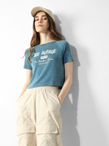 Women's Blue Knitted Casual Printed Regular Fit Half Sleeves Tshirt