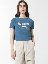 Women's Blue Knitted Casual Printed Regular Fit Half Sleeves Tshirt