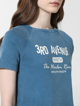 Women's Blue Knitted Casual Printed Regular Fit Half Sleeves Tshirt