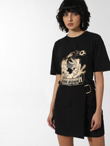Women's Black Knitted Casual Printed Regular Fit Half Sleeves Tshirt