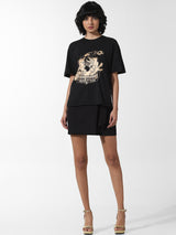 Women's Black Knitted Casual Printed Regular Fit Half Sleeves Tshirt