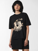 Women's Black Knitted Casual Printed Regular Fit Half Sleeves Tshirt