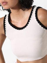 Women's White Knitted Casual Solid Cropped Sleeveless Top