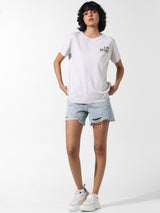 Women's White Knitted Casual Printed Regular Fit Half Sleeves Tshirt