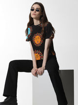 Women's Black Knitted Casual Printed Cropped Half Sleeves Tshirt