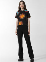 Women's Black Knitted Casual Printed Cropped Half Sleeves Tshirt