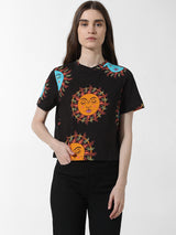 Women's Black Knitted Casual Printed Cropped Half Sleeves Tshirt
