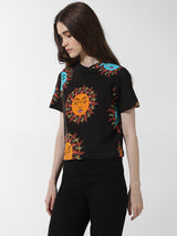 Women's Black Knitted Casual Printed Cropped Half Sleeves Tshirt