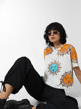 Women's White Knitted Casual Printed Cropped Half Sleeves Tshirt