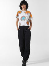 Women's White Knitted Casual Printed Cropped Half Sleeves Tshirt