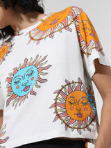 Women's White Knitted Casual Printed Cropped Half Sleeves Tshirt
