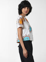 Women's White Knitted Casual Printed Cropped Half Sleeves Tshirt