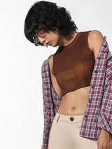 Women's Brown Knitted Casual Solid Cropped Sleeveless Top
