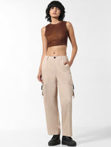 Women's Brown Knitted Casual Solid Cropped Sleeveless Top