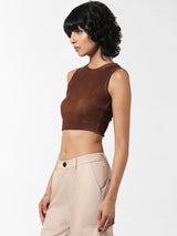 Women's Brown Knitted Casual Solid Cropped Sleeveless Top