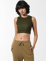 Women's Green Knitted Casual Solid Cropped Sleeveless Top