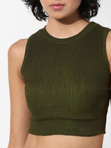 Women's Green Knitted Casual Solid Cropped Sleeveless Top