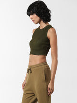 Women's Green Knitted Casual Solid Cropped Sleeveless Top
