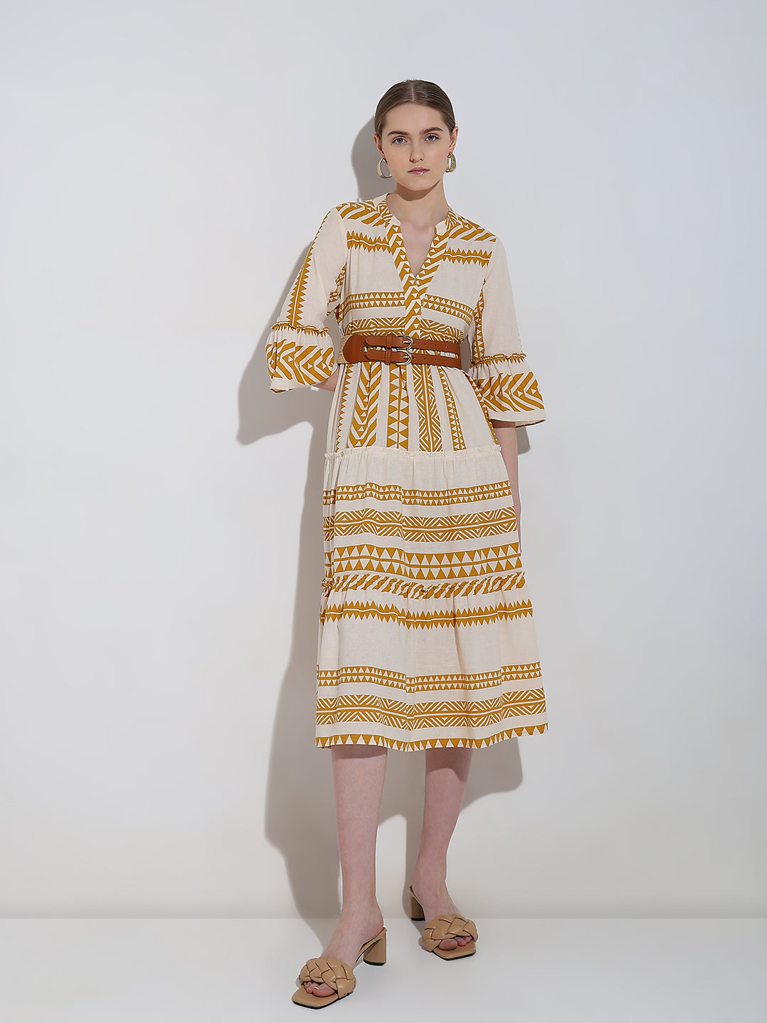 Women's Beige Printed Cotton Midi Dress
