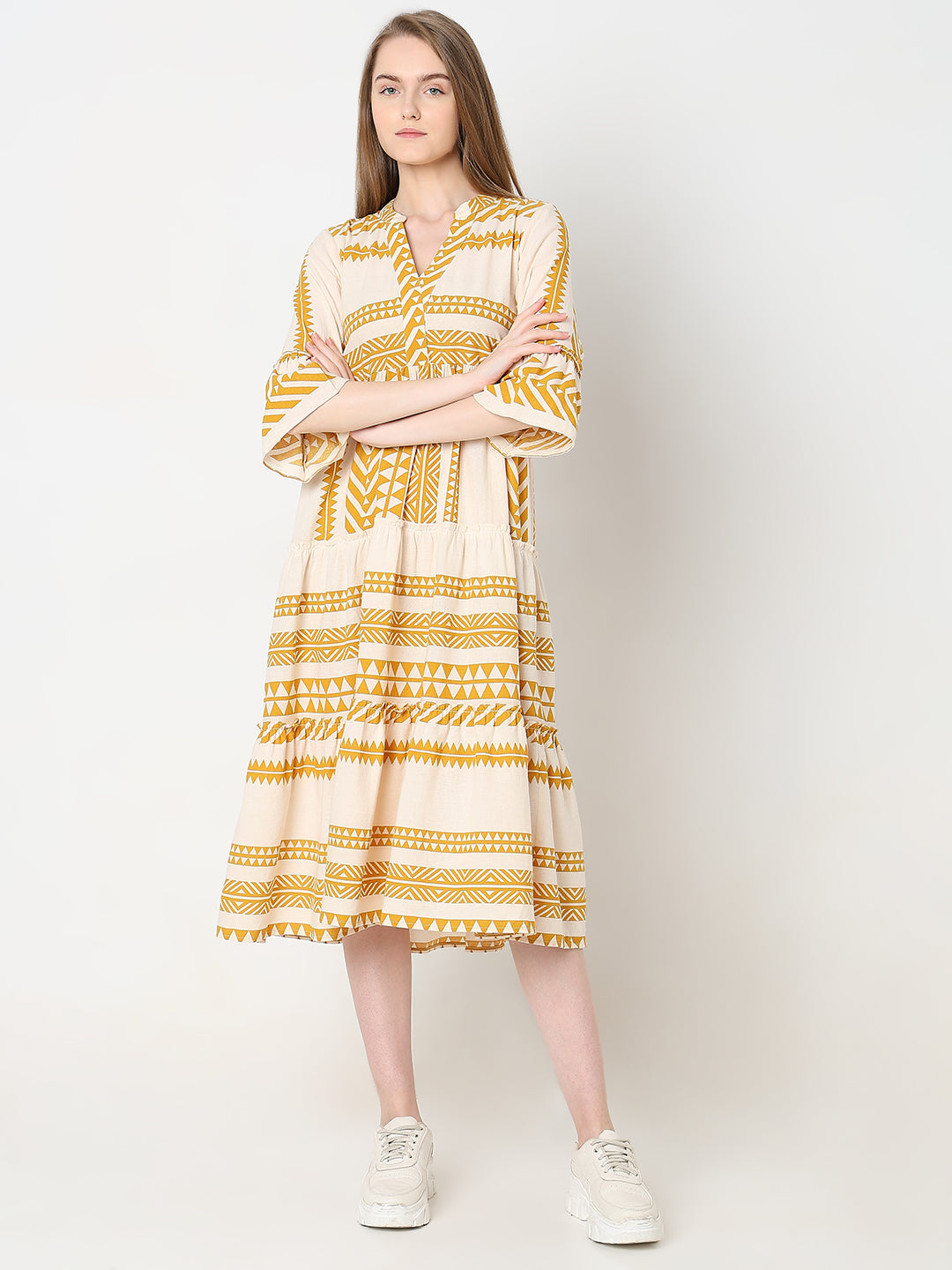 Women's Beige Printed Cotton Midi Dress