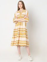Women's Beige Printed Cotton Midi Dress