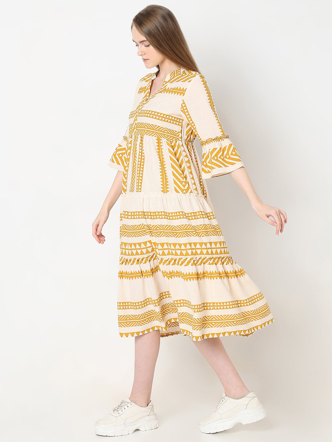 Women's Beige Printed Cotton Midi Dress