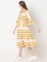 Women's Beige Printed Cotton Midi Dress