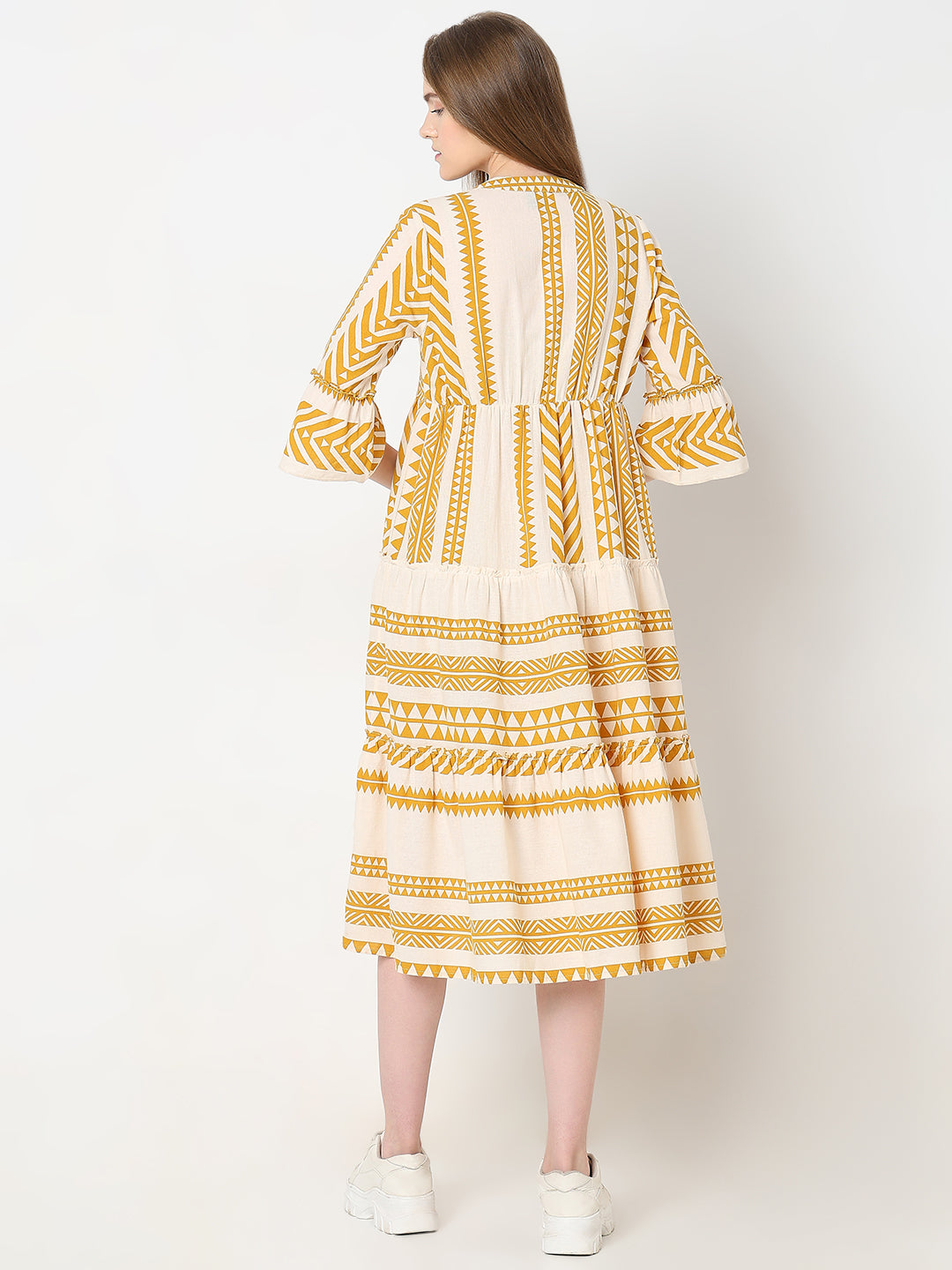 Women's Beige Printed Cotton Midi Dress
