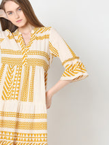 Women's Beige Printed Cotton Midi Dress