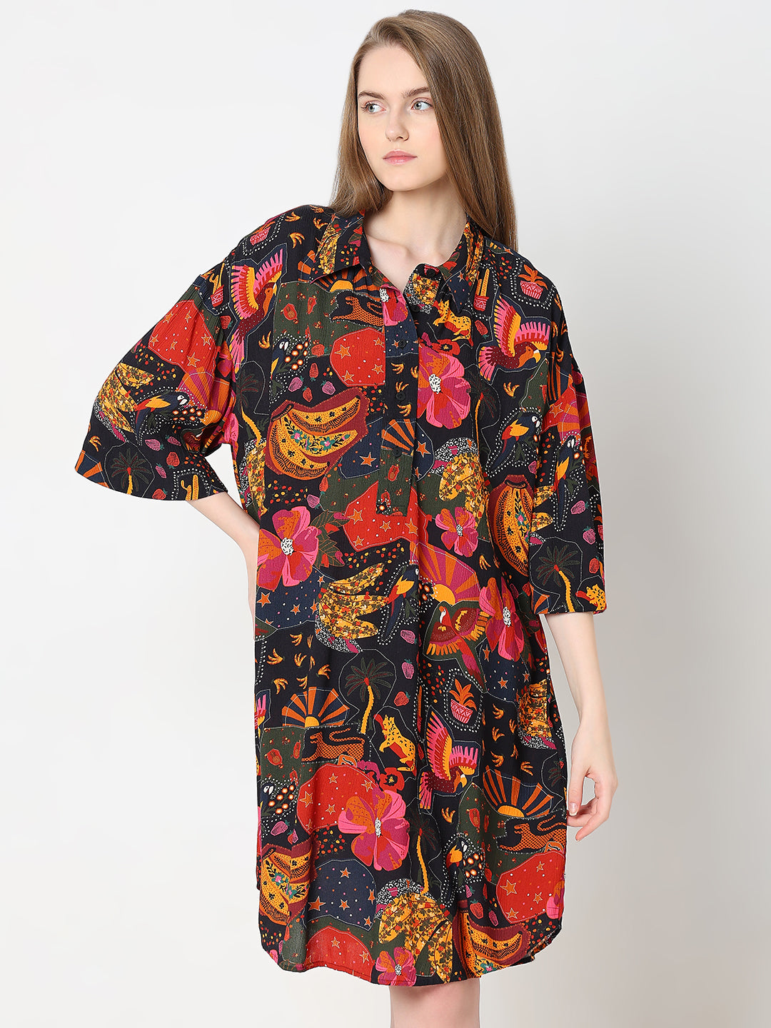 Women's Black Abstract Print Shirt Dress