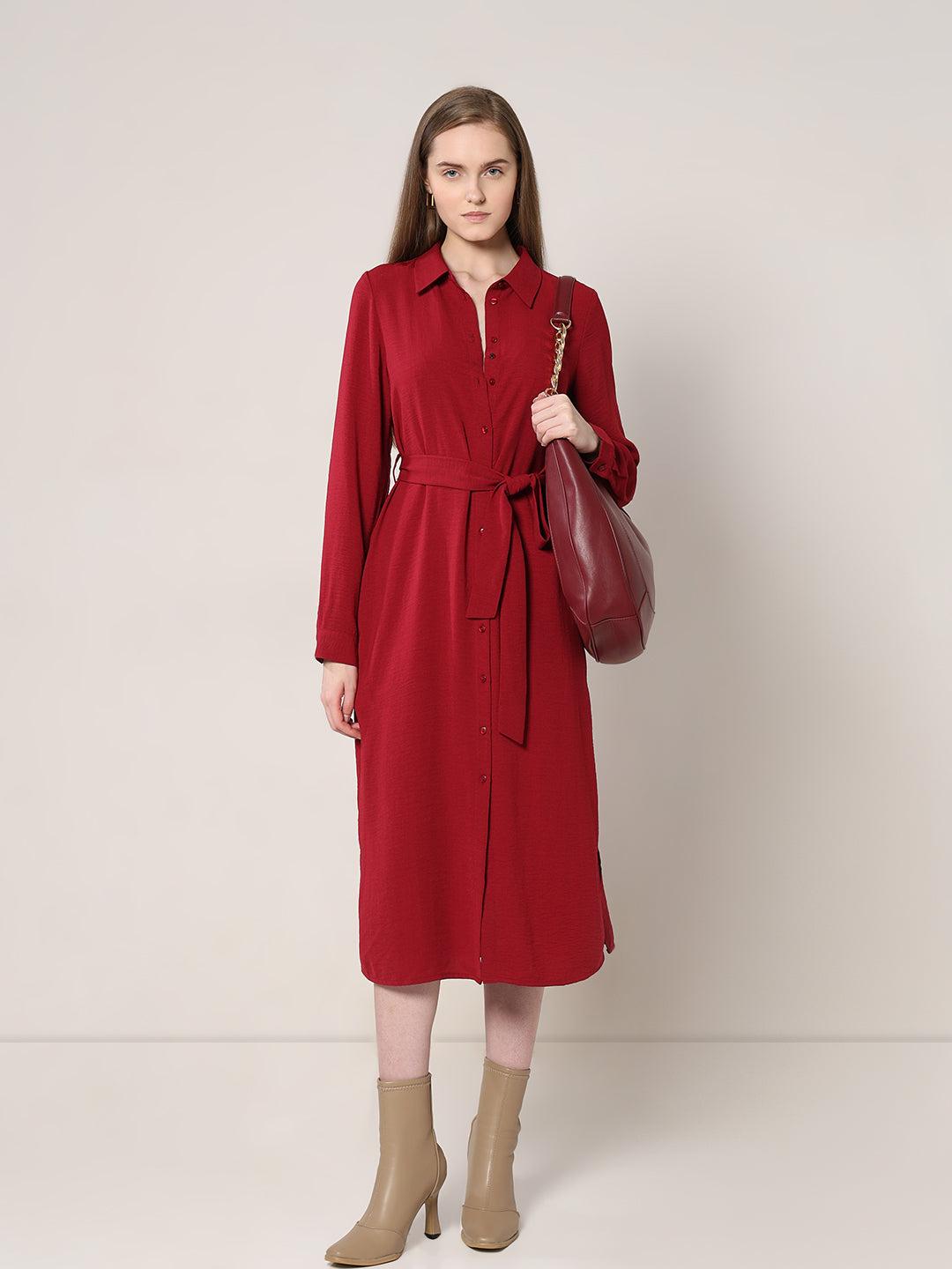 Women's Red Midi Shirt Dress